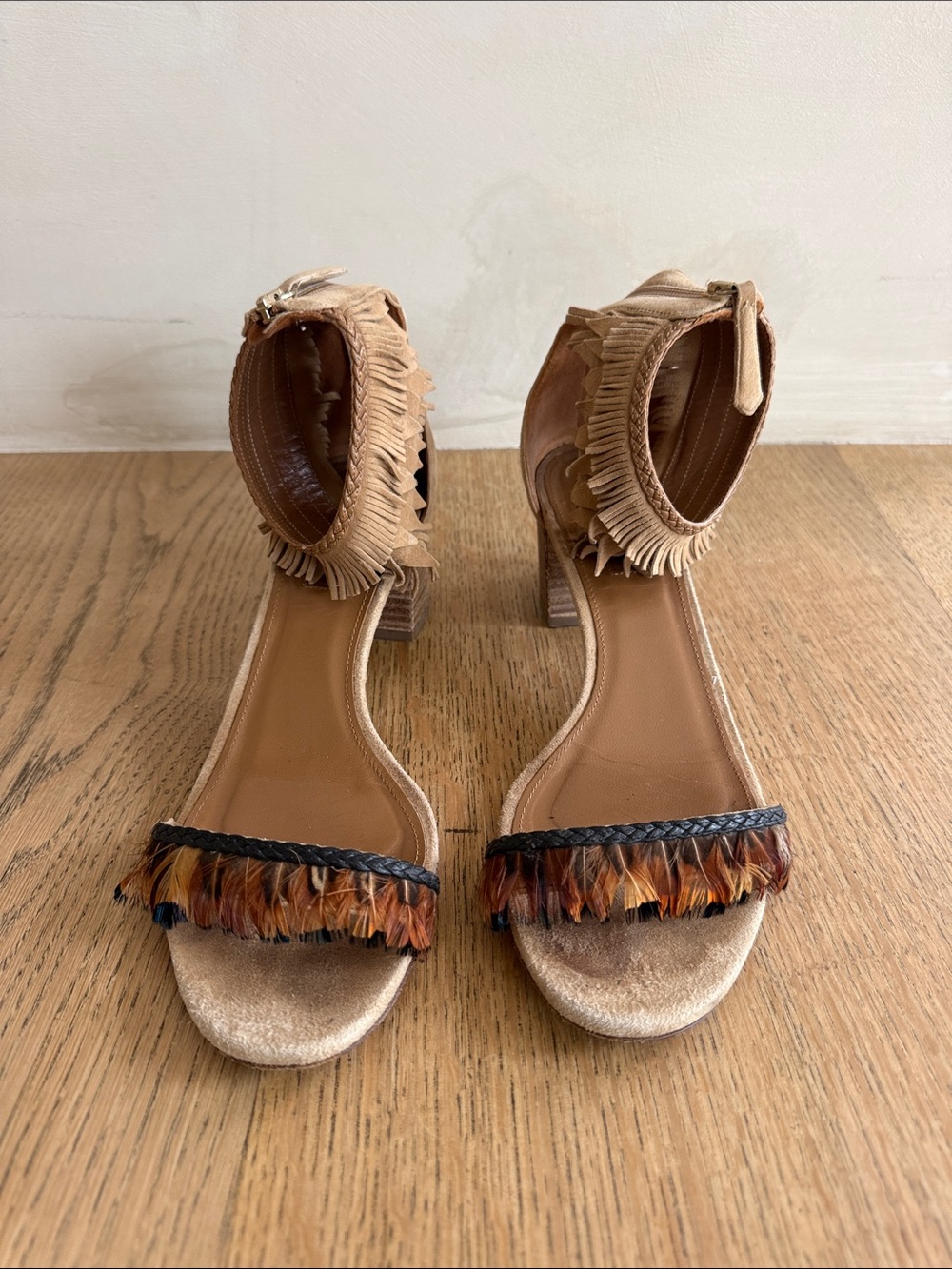 Aquazzura Beige Fringe Ankle-Strap Heels with Multi-Tone Feather Trim